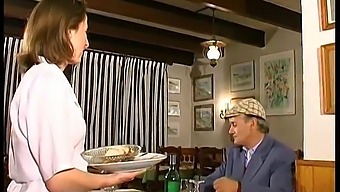 Three Some Action In A Restaurant With French Brunette And Voyeurous Papi